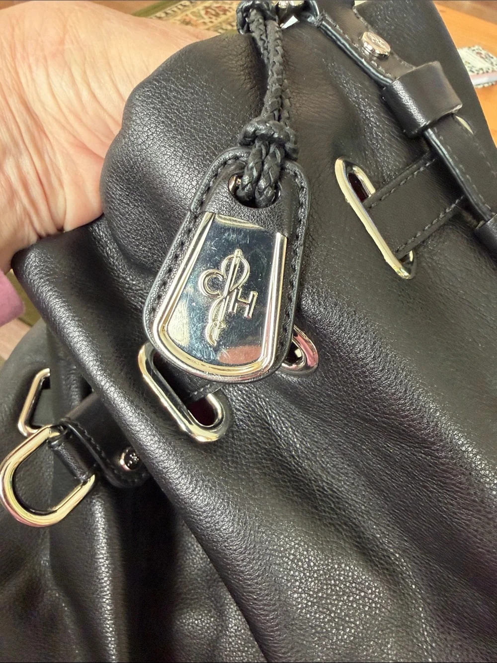 Cole-Haan Black Leather Drawstring Shoulder Bag, EUC